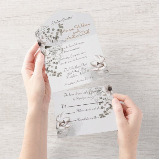 Invitation Tout En Un Fleurs d'aquarelle Sepia monochromes tout-en-un (Déchirure)