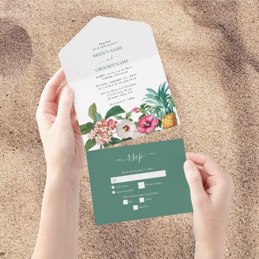Invitation Tout En Un Fleurs d'aquarelle tropicale et Mariage de verdure
