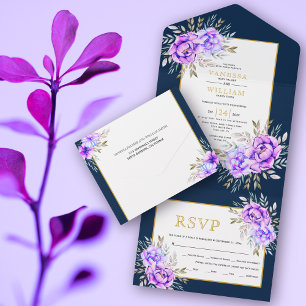 Invitation Tout En Un Fleurs d'aquarelle violette et mariage de marine f