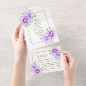 Invitation Tout En Un Fleurs d'aquarelle violette et mariage d'or feuill (Déchirure)