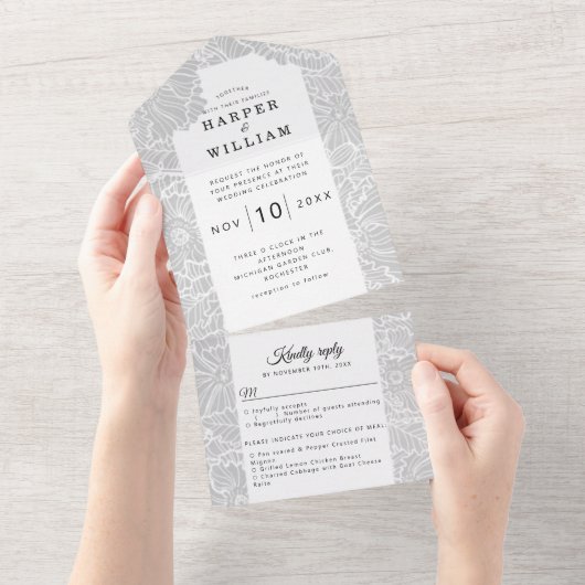 Invitation Tout En Un fleurs d'art blanc sur mariage gris clair (Déchirure)