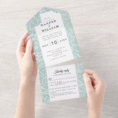 Invitation Tout En Un fleurs d'art blanc sur mariage turquoise (Déchirure)