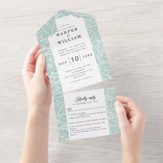 Invitation Tout En Un fleurs d'art blanc sur mariage turquoise (Déchirure)
