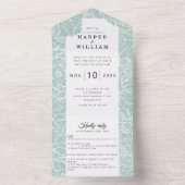 Invitation Tout En Un fleurs d'art blanc sur mariage turquoise (À l'intérieur)