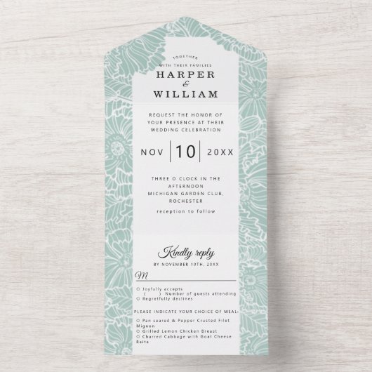 Invitation Tout En Un fleurs d'art blanc sur mariage turquoise (À l'intérieur)