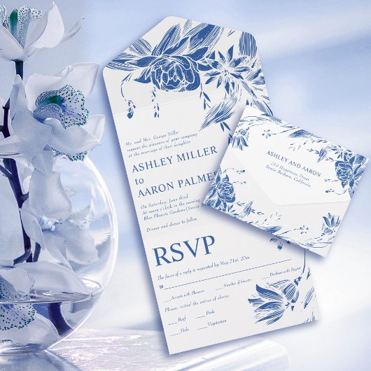 Invitation Tout En Un Fleurs d'art bleu et blanc mariage