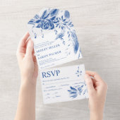 Invitation Tout En Un Fleurs d'art bleu et blanc mariage (Déchirure)