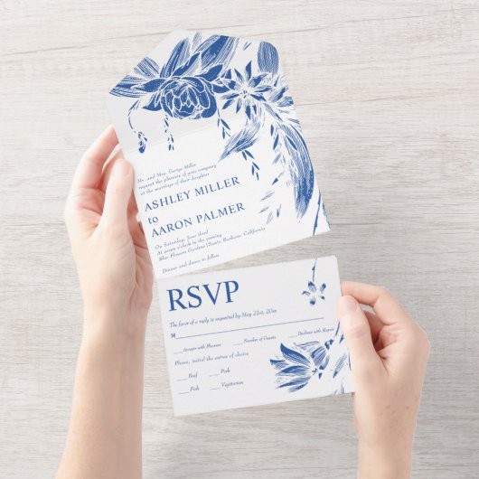 Invitation Tout En Un Fleurs d'art bleu et blanc mariage (Déchirure)