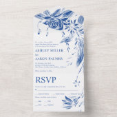 Invitation Tout En Un Fleurs d'art bleu et blanc mariage (À l'intérieur)