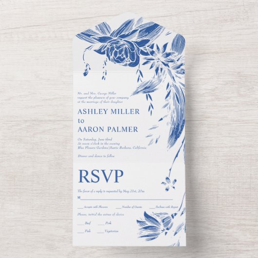 Invitation Tout En Un Fleurs d'art bleu et blanc mariage (À l'intérieur)