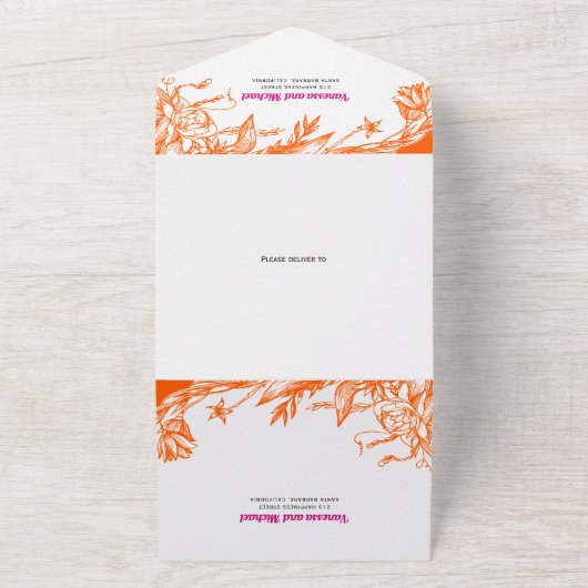 Invitation Tout En Un Fleurs d'art orangé et rose mariage (Dehors)