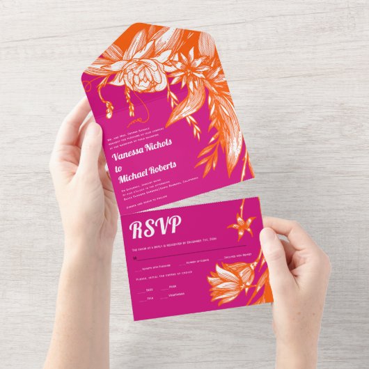 Invitation Tout En Un Fleurs d'art orangé et rose mariage (Déchirure)