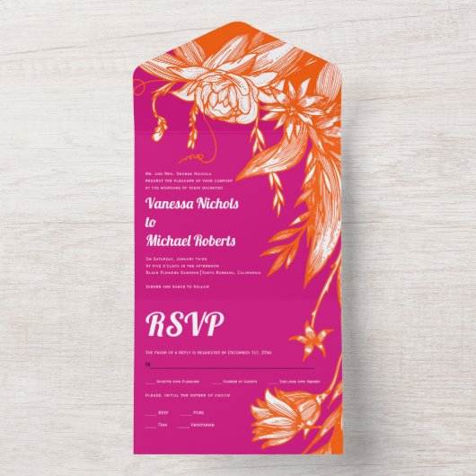 Invitation Tout En Un Fleurs d'art orangé et rose mariage (À l'intérieur)