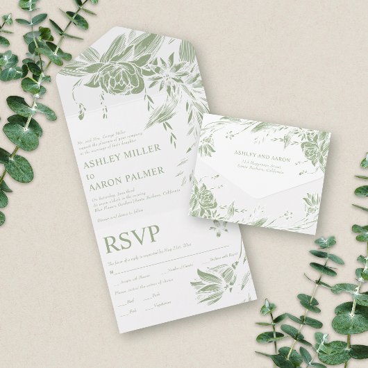 Invitation Tout En Un Fleurs d'art vert Sage et blanc mariage
