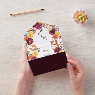 Invitation Tout En Un Fleurs d'automne avec mariage fleuri aquarelle gra