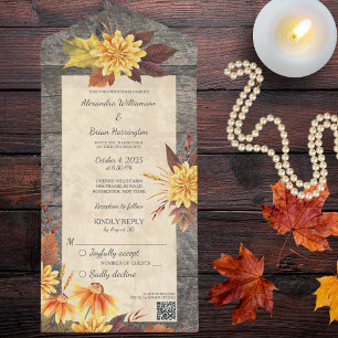 Invitation Tout En Un Fleurs d'automne rustiques sur bois avec code QR