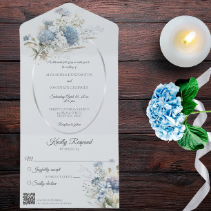 Invitation Tout En Un Fleurs de Bohême Bleu sur le code QR Bleu