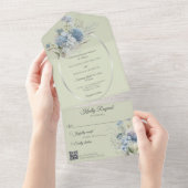 Invitation Tout En Un Fleurs de Bohême Bleue Glace sur Sage Green QR Cod (Déchirure)