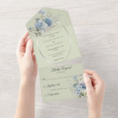 Invitation Tout En Un Fleurs de Bohême Bleue Glace sur Vert Sage (Déchirure)