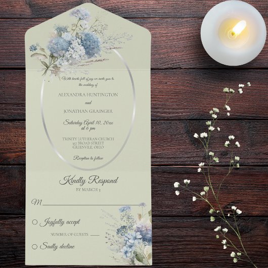 Invitation Tout En Un Fleurs de Bohême Bleue Glace sur Vert Sage