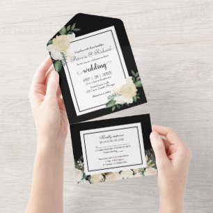 Invitation Tout En Un Fleurs de crème blanche sur élégant mariage noir