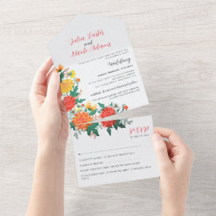 Invitation Tout En Un Fleurs de Dahlia de printemps jaune orange pastel