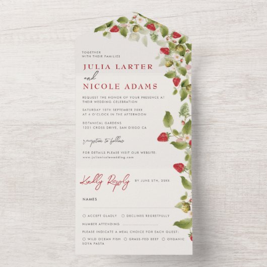 Invitation Tout En Un Fleurs de fraises rouges sucrées Mariage (À l'intérieur)