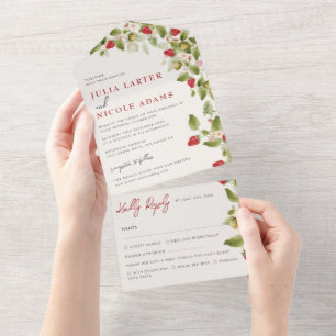 Invitation Tout En Un Fleurs de Fraisier Sauvage Rouge Doux Mariage