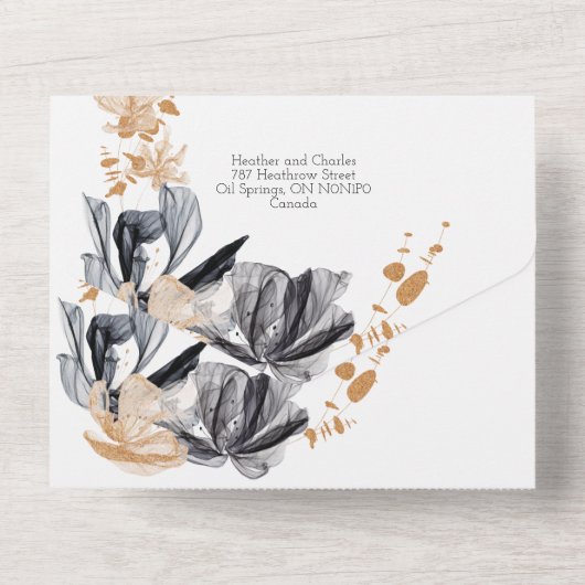 Invitation Tout En Un Fleurs de fumée noires et dorées (Verso)