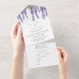 Invitation Tout En Un Fleurs de glycine violette sur blanc Élégant