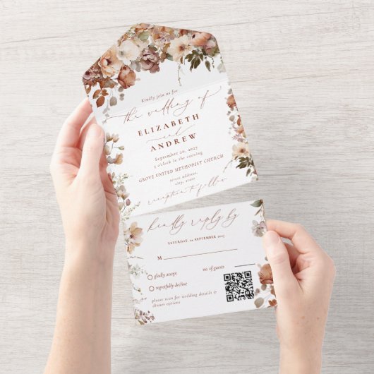 Invitation Tout En Un Fleurs de jardin boho rustiques Mariage de code QR (Déchirure)