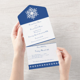 Invitation Tout En Un Fleurs de neige d'hiver en bleu, invitation tout-e