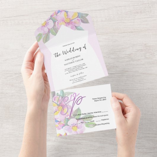 Invitation Tout En Un Fleurs de pêche rustiques Aquarelle Art (Déchirure)