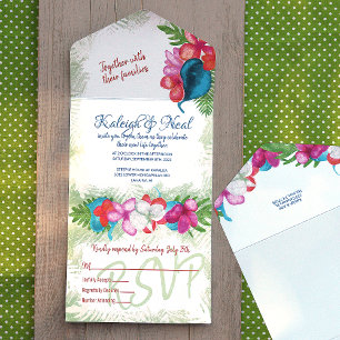 Invitation Tout En Un Fleurs de Plumeria roses corail sarcelle bleues tr