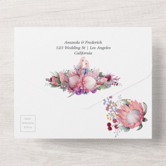 Invitation Tout En Un Fleurs de Protea Royale Mariage Bohème (Verso)