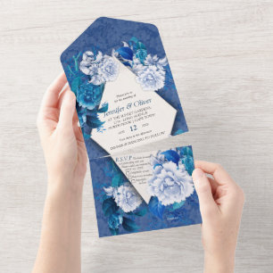 Invitation Tout En Un Fleurs de rose blanche sur papier motif bleu