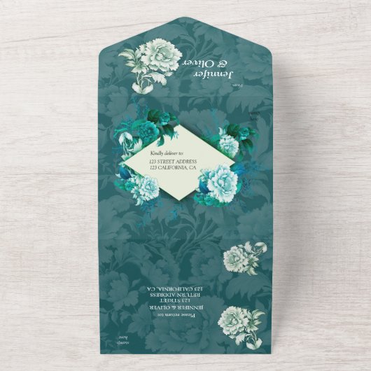 Invitation Tout En Un Fleurs de rose blanche sur papier motif vert (Dehors)