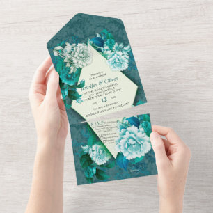 Invitation Tout En Un Fleurs de rose blanche sur papier motif vert