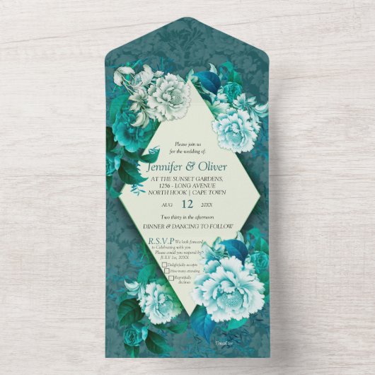 Invitation Tout En Un Fleurs de rose blanche sur papier motif vert (À l'intérieur)