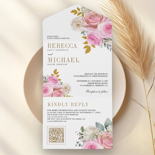Invitation Tout En Un Fleurs de Roses Rose Clair Code QR Mariage
