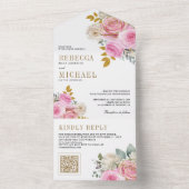 Invitation Tout En Un Fleurs de Roses Rose Clair Code QR Mariage (À l'intérieur)