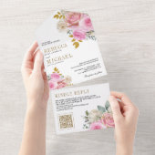 Invitation Tout En Un Fleurs de roses roses tendres Code QR Mariage (Déchirure)