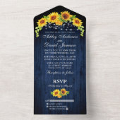 Invitation Tout En Un Fleurs de soleil en bois bleu rustique Mariage (À l'intérieur)