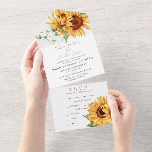 Invitation Tout En Un Fleurs de soleil romantiques aquarelles (Déchirure)