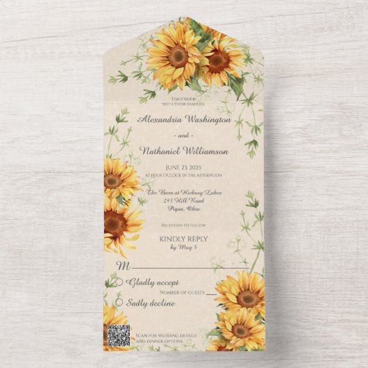 Invitation Tout En Un Fleurs de soleil rustiques avec code QR (À l'intérieur)