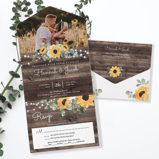 Invitation Tout En Un Fleurs de soleil rustiques Lights Mariage Eucalypt