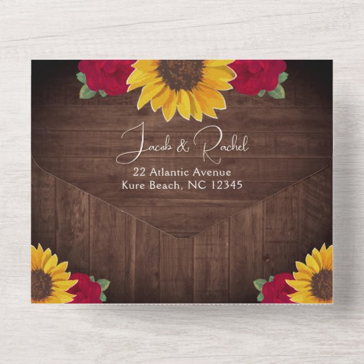 Invitation Tout En Un Fleurs de soleil rustiques Roses rouges Lumières d (Verso)