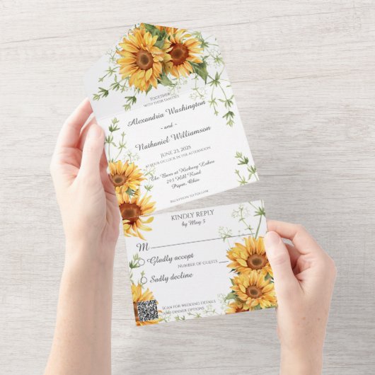 Invitation Tout En Un Fleurs de soleil sur blanc avec code QR (Déchirure)