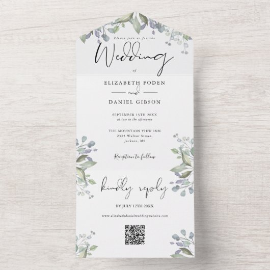 Invitation Tout En Un Fleurs de verdure Écriture élégante Code QR Mariag (À l'intérieur)