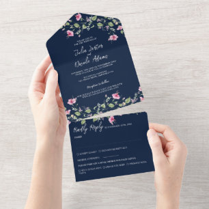 Invitation Tout En Un Fleurs d'Hibiscus Roses Bleu Marine Poussiéreux Ma
